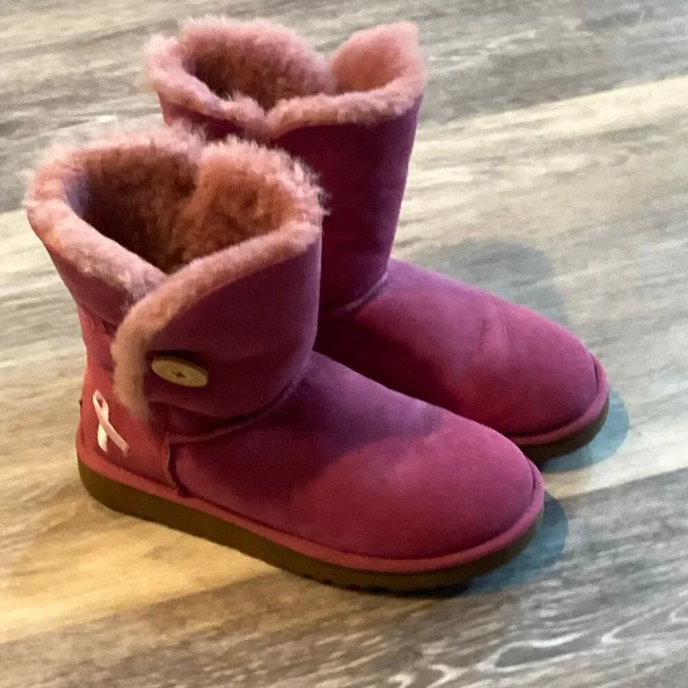 UGG Australia Pink Ribbon Tall Boots Womens Size 7 Suede Sheepskin EU 38
